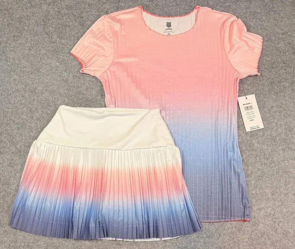 K-Swiss NWT 2pc Tennis Outfit Set Small Pleated Top Skort Pink Blue Ombre